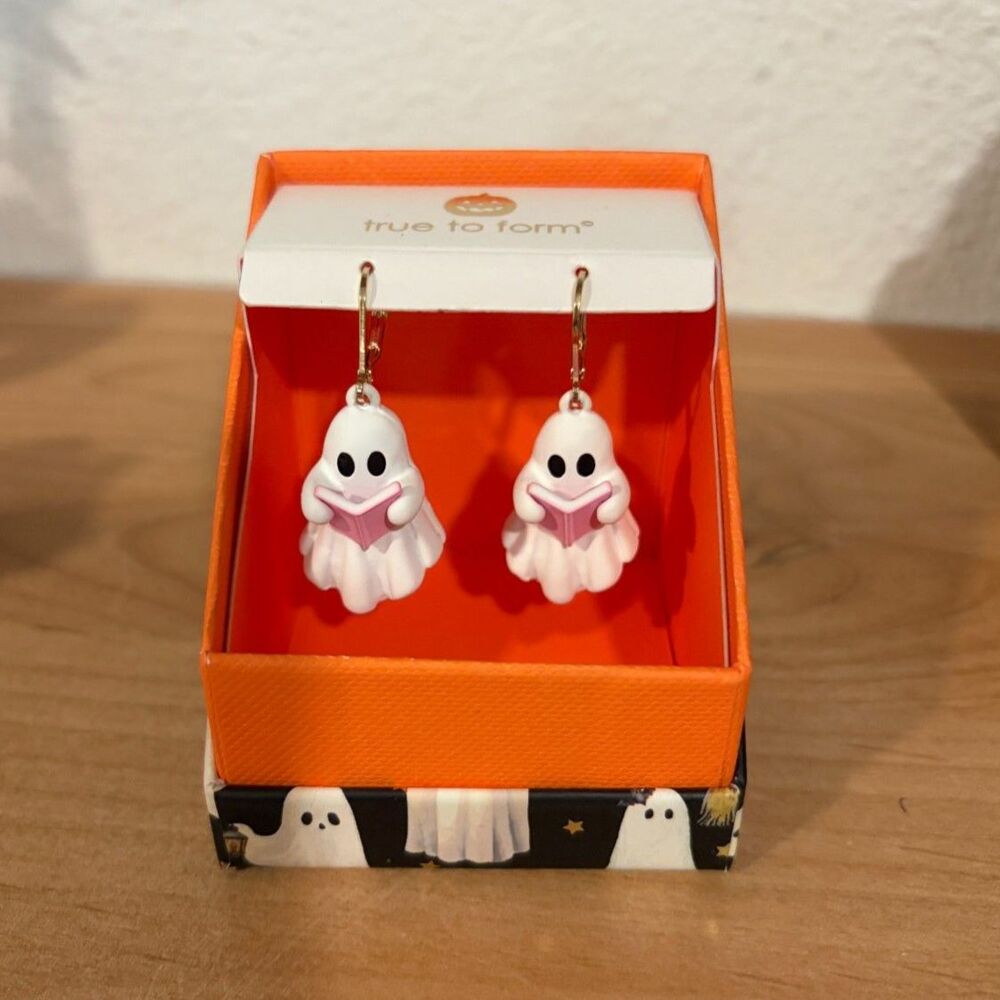 True To Form Halloween Ghost Earrings Holding Pink Book Bookish Spooky NIB